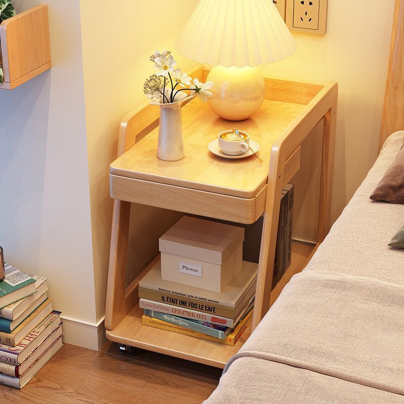 Nordic Solid Wood Rolling 2-Tier Side Table — Wood Color