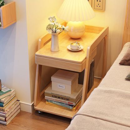 Nordic Solid Wood Rolling 2-Tier Side Table — Wood Color