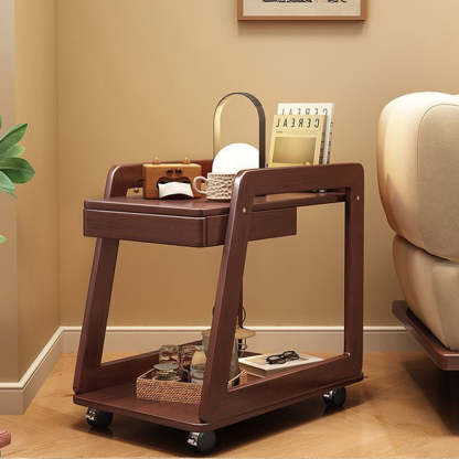 Nordic Solid Wood Rolling 2-Tier Side Table — Walnut Color
