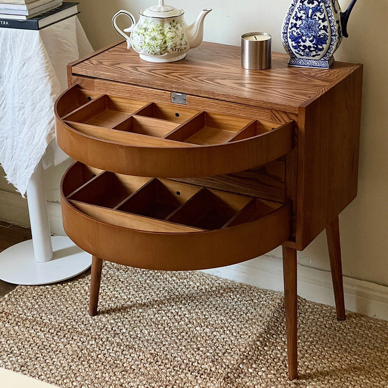 Retro Rotatable Red Oak 3-Tier Jewelry Storage Side Table
