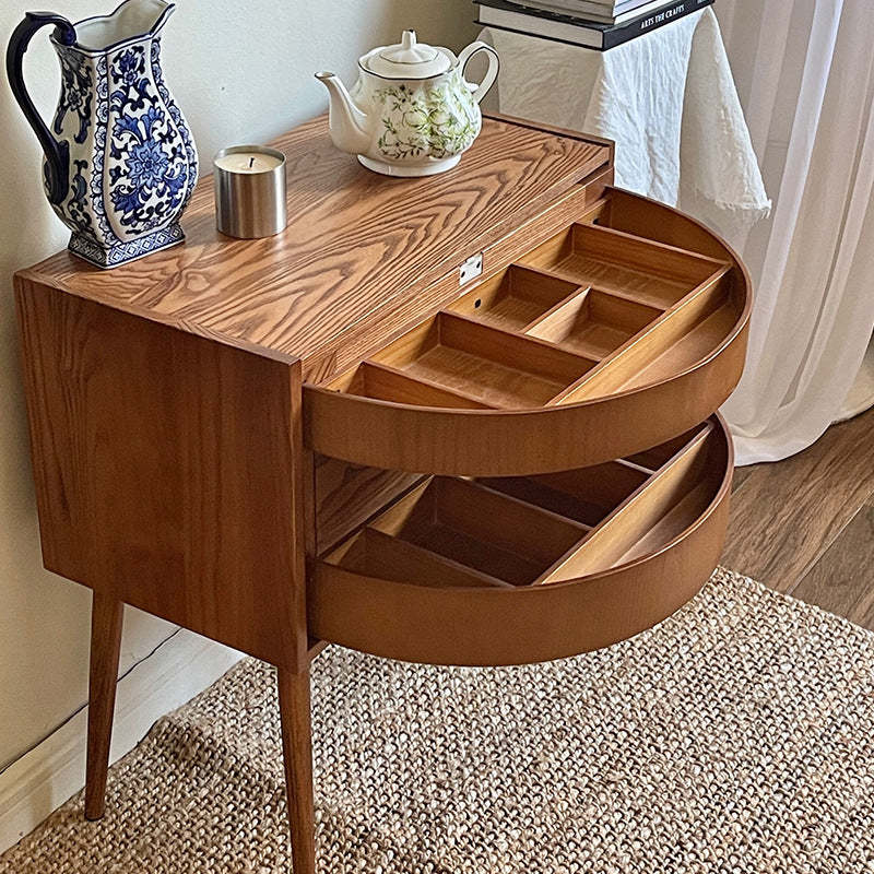 Retro Rotatable Red Oak 3-Tier Jewelry Storage Side Table
