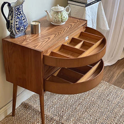Retro Rotatable Red Oak 3-Tier Jewelry Storage Side Table