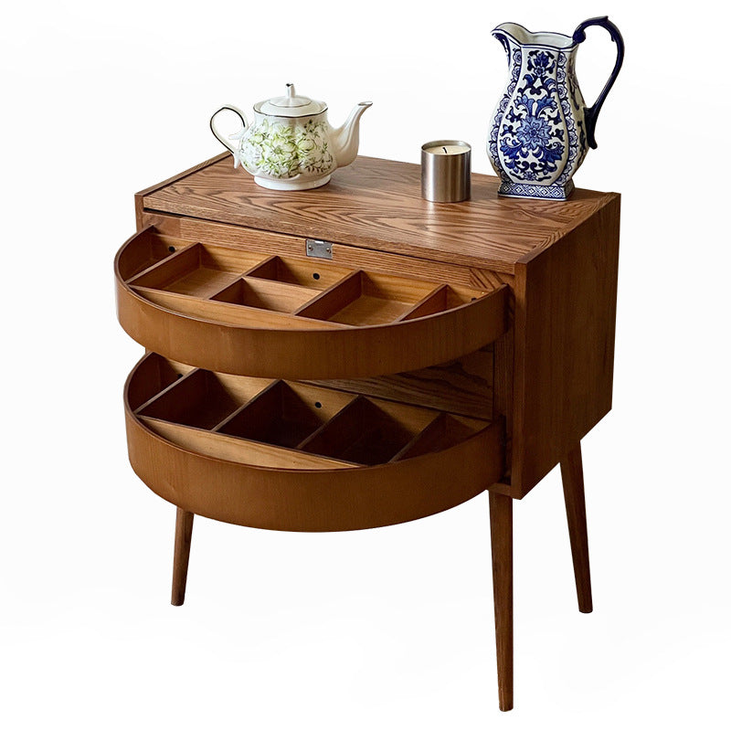Retro Rotatable Red Oak 3-Tier Jewelry Storage Side Table