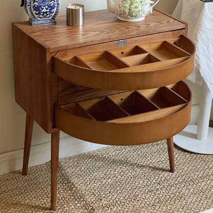 Retro Rotatable Red Oak 3-Tier Jewelry Storage Side Table