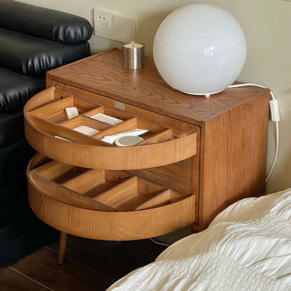 Retro Rotatable Red Oak 3-Tier Jewelry Storage Side Table