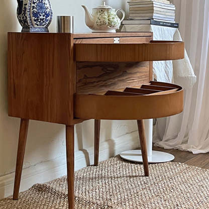 Retro Rotatable Red Oak 3-Tier Jewelry Storage Side Table