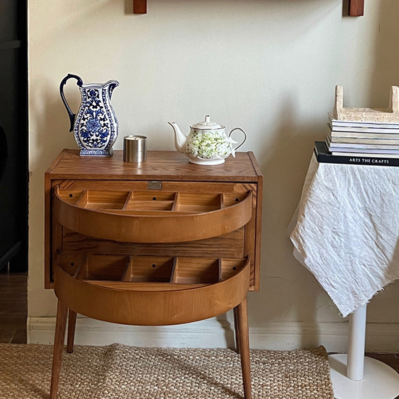Retro Rotatable Red Oak 3-Tier Jewelry Storage Side Table