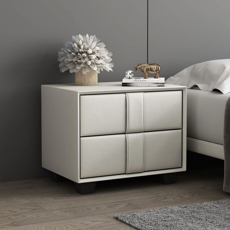 Scandinavian Wood Leather 2-Drawer Nightstand — Off White