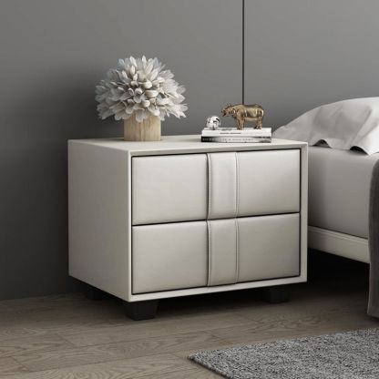 Scandinavian Wood Leather 2-Drawer Nightstand — Off White