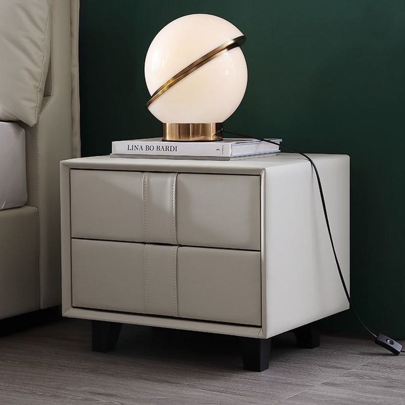 Scandinavian Wood Leather 2-Drawer Nightstand — Light Gray