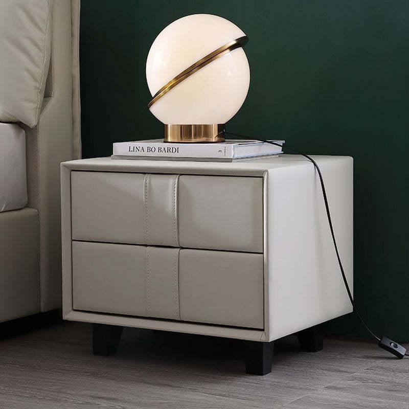 Scandinavian Wood Leather 2-Drawer Nightstand — Light Gray