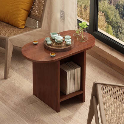 Japanese Semicircle Solid Wood 3-Tier Side Table — Reddish Brown