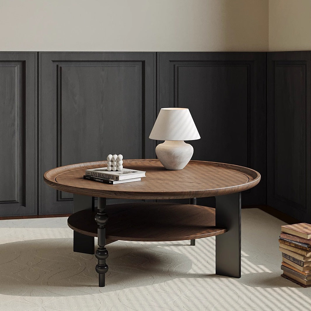 French Round Ash 2-Tier Coffee Table — Brown