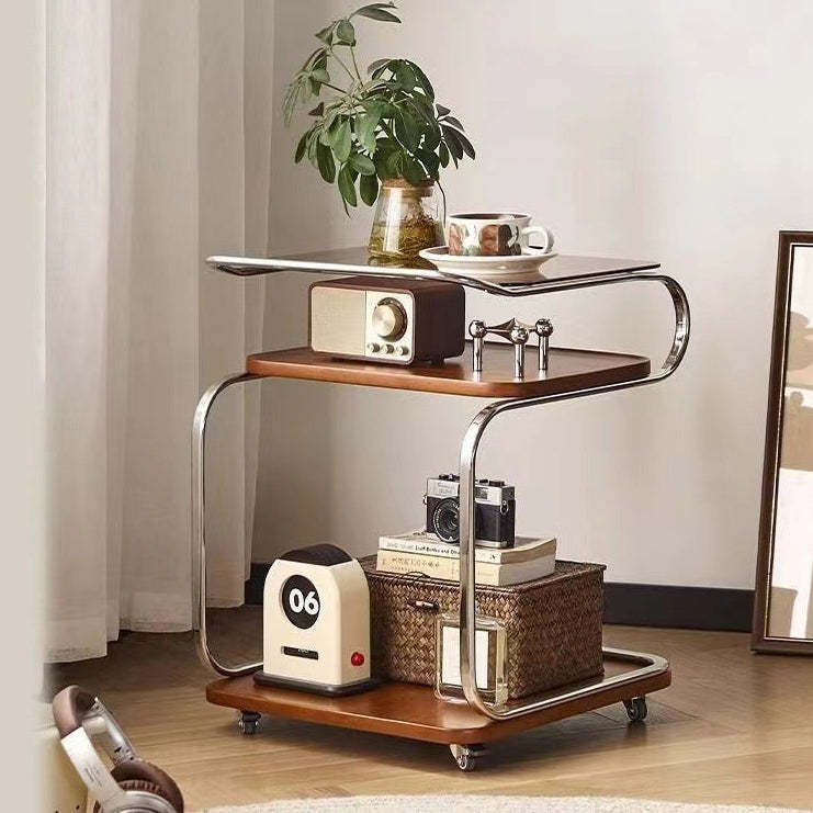 Scandinavian Glass 3-Tier Side Table — Walnut Color