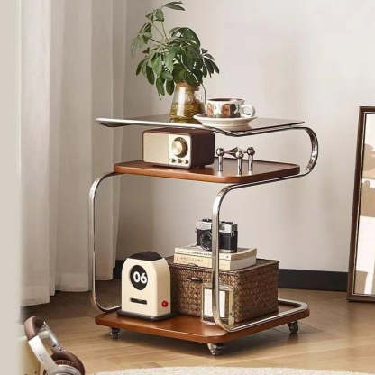 Scandinavian Glass 3-Tier Side Table — Walnut Color