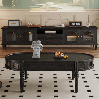 French Cube Glass Wood 1-Drawer Coffee Table — Black