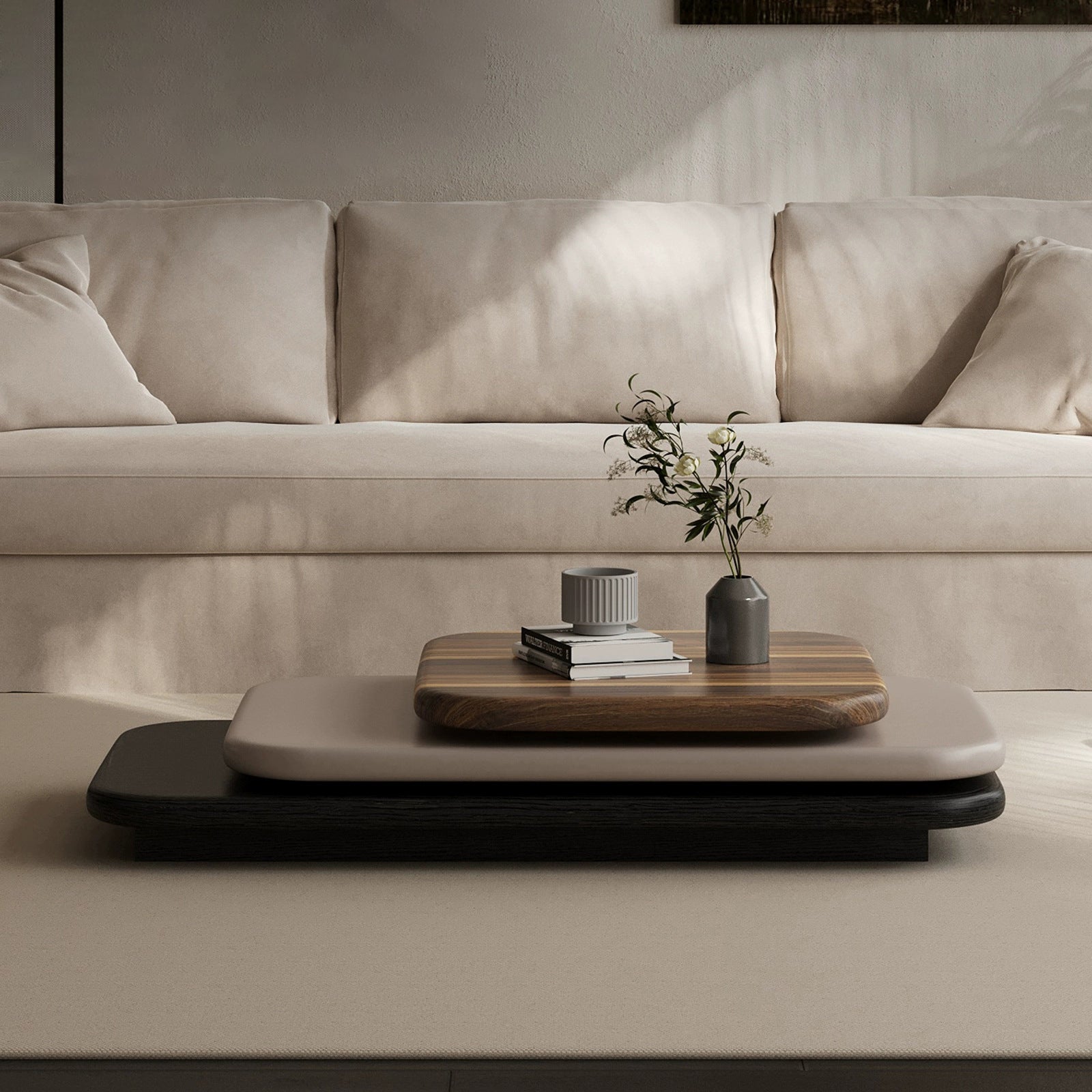 Art Deco Rectangle Rotatable 3-Tier Coffee Table