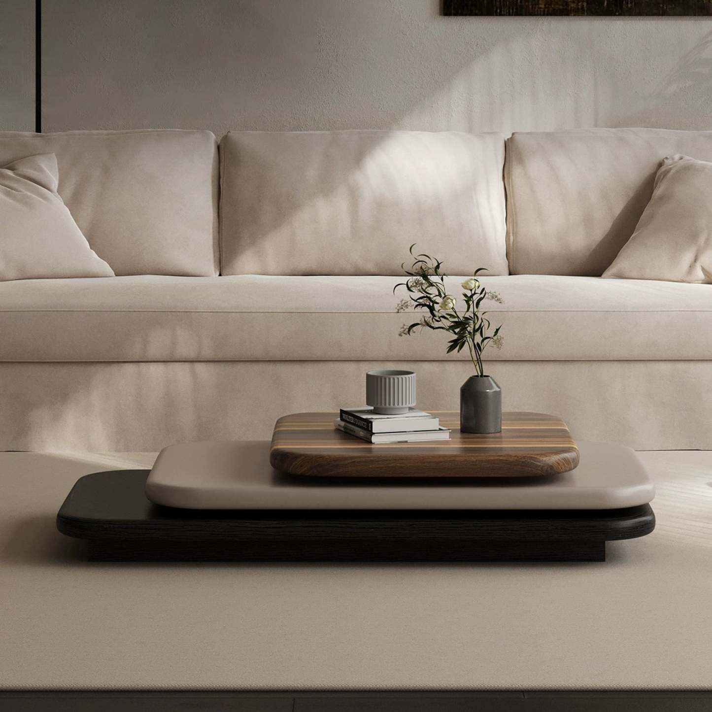 Art Deco Rectangle Rotatable 3-Tier Coffee Table