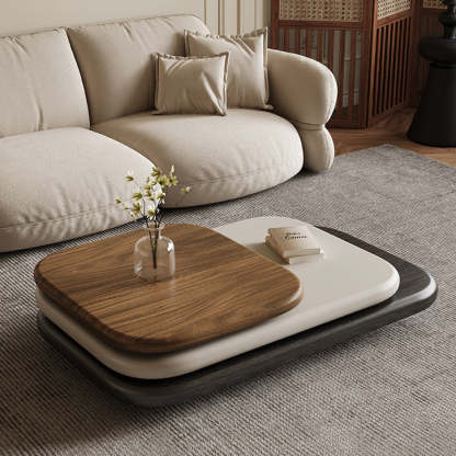 Art Deco Rectangle Rotatable 3-Tier Coffee Table — Black + White + Walnut Color