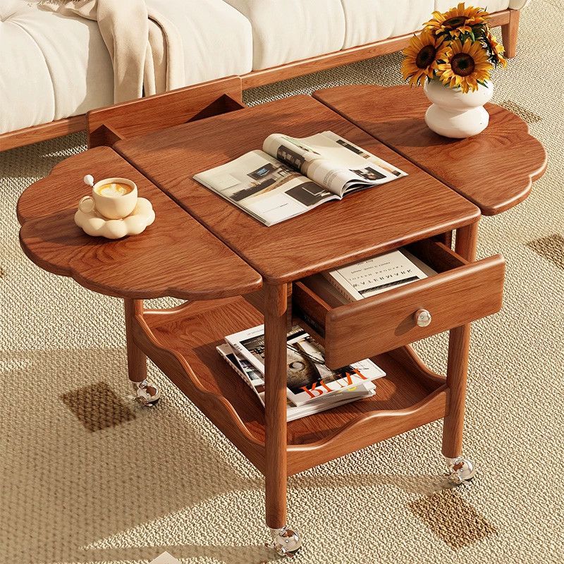 French Corrugated Foldable Solid Wood 2-Drawer Side Table