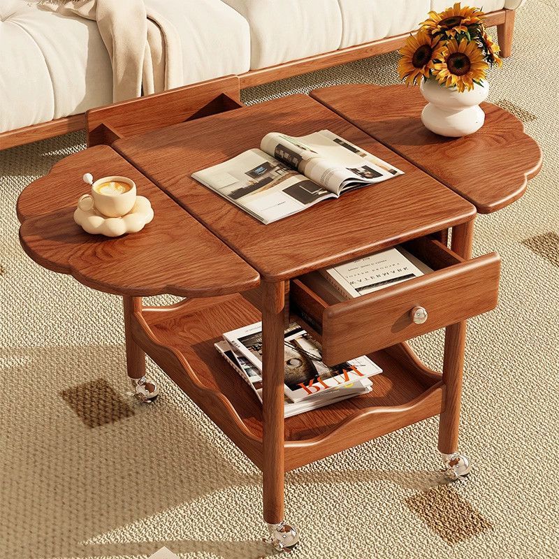 French Corrugated Foldable Solid Wood 2-Drawer Side Table