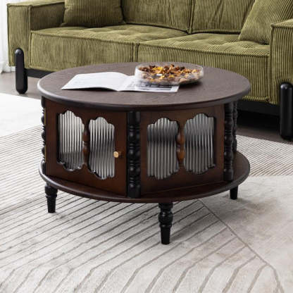 French Cylinder Red Oak Glass Coffee Table