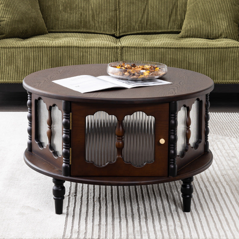French Cylinder Red Oak Glass Coffee Table