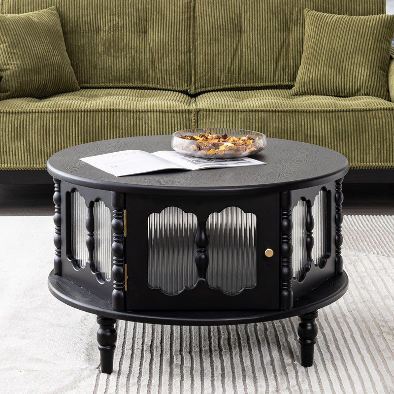 French Cylinder Red Oak Glass Coffee Table — Walnut Color + Black