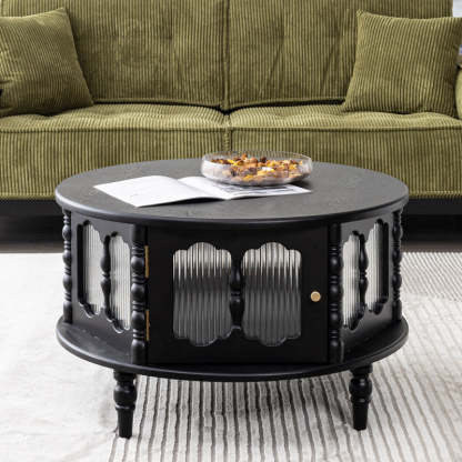 French Cylinder Red Oak Glass Coffee Table — Walnut Color + Black
