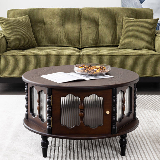 French Cylinder Red Oak Glass Coffee Table