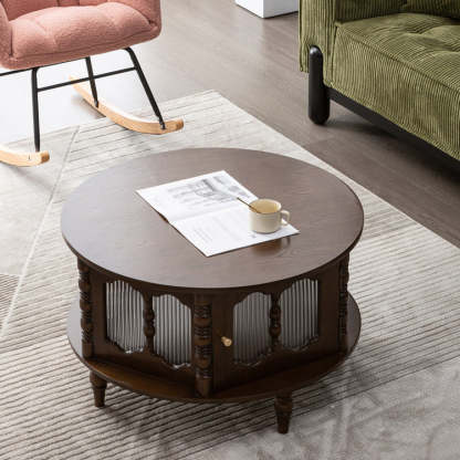 French Cylinder Red Oak Glass Coffee Table