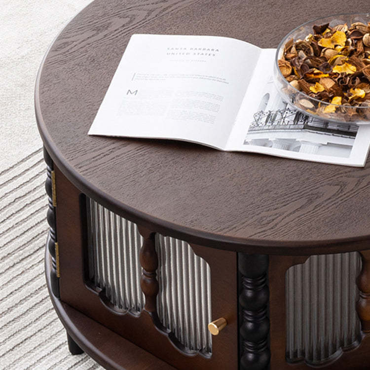 French Cylinder Red Oak Glass Coffee Table