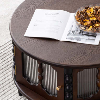 French Cylinder Red Oak Glass Coffee Table