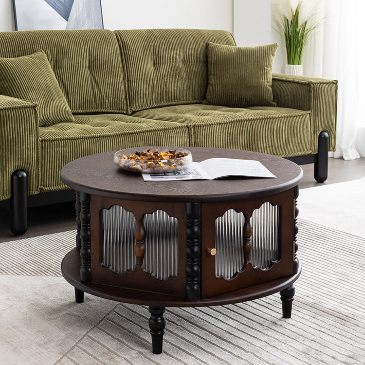 French Cylinder Red Oak Glass Coffee Table