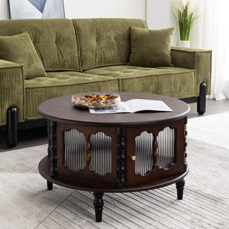 French Cylinder Red Oak Glass Coffee Table