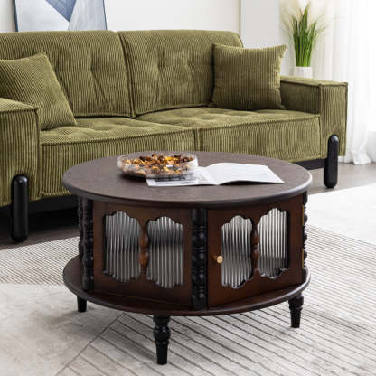 French Cylinder Red Oak Glass Coffee Table
