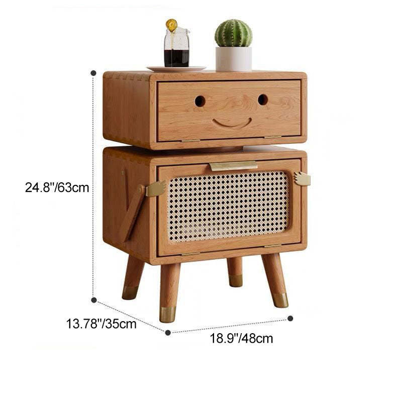 Rotatable Kids Robot Ash Rattan 2-Cabinet Nightstand — Cherry Wood Color