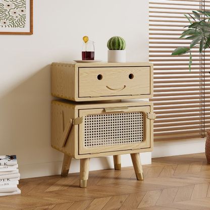 Rotatable Kids Robot Ash Rattan 2-Cabinet Nightstand — Wood Color