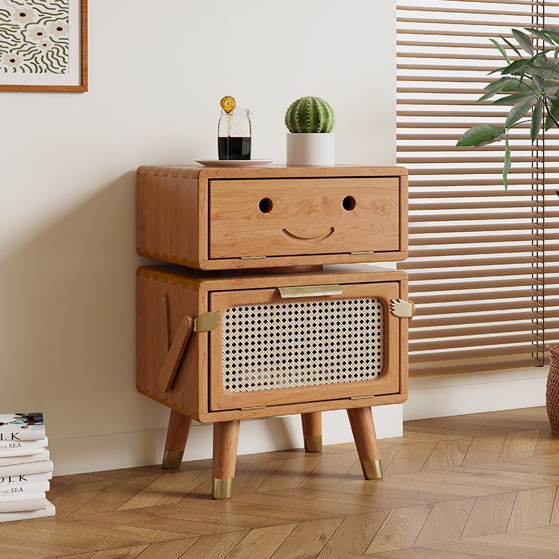 Rotatable Kids Robot Ash Rattan 2-Cabinet Nightstand — Walnut Color