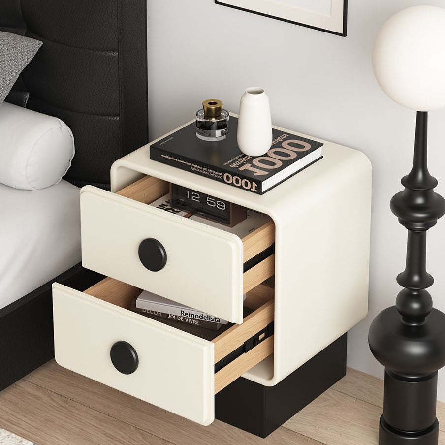 Nordic Wood Leather Nightstand 2-Drawer — Off White