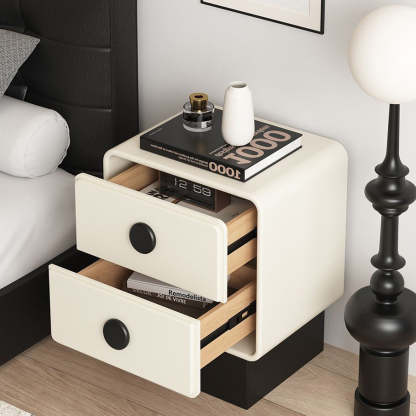 Nordic Wood Leather Nightstand 2-Drawer — Off White