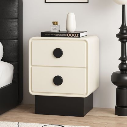 Nordic Wood Leather Nightstand 2-Drawer — Off White