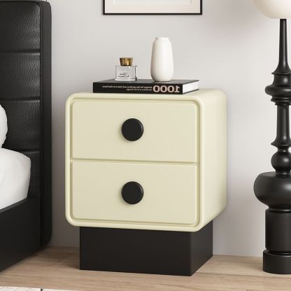 Nordic Wood Leather Nightstand 2-Drawer — Beige