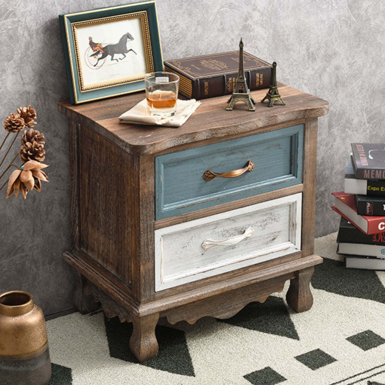 Vintage Paulownia Wood Nightstand 2-Drawer — G