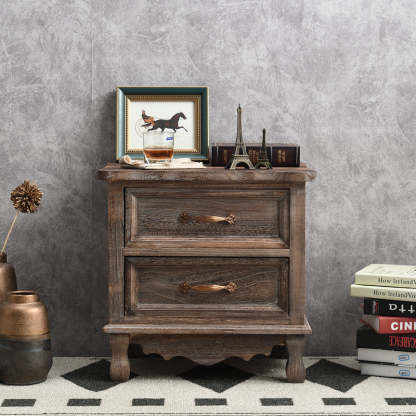 Vintage Paulownia Wood Nightstand 2-Drawer