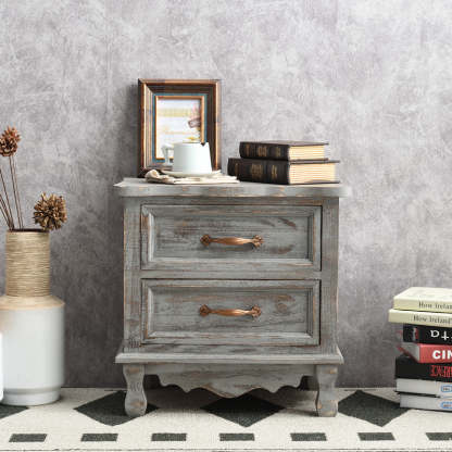 Vintage Paulownia Wood Nightstand 2-Drawer