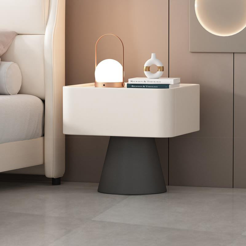 Nordic Rock Board Pine Leather 1-Drawer Cube Nightstand — Off White + Dark Gray
