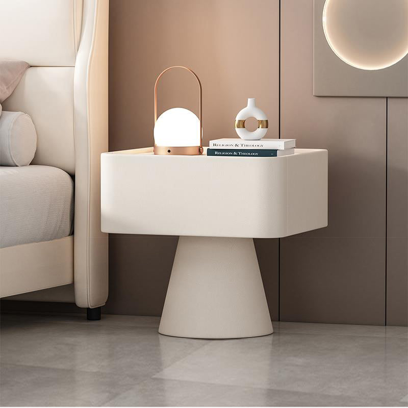 Nordic Rock Board Pine Leather 1-Drawer Cube Nightstand — Off White