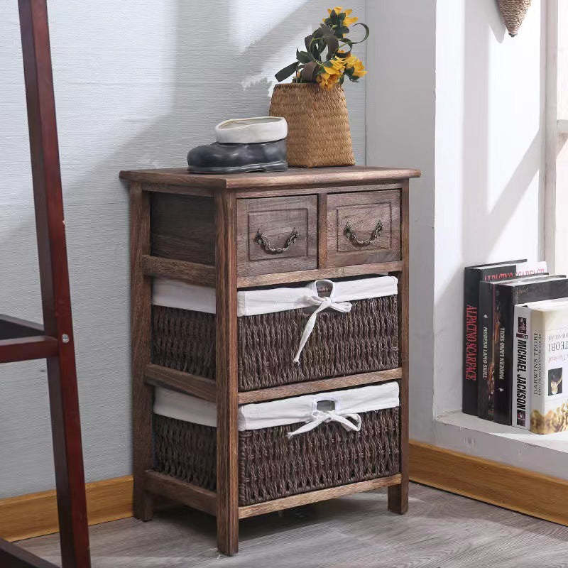 Vintage Paulownia Wood Rattan Cube Storage Side Table