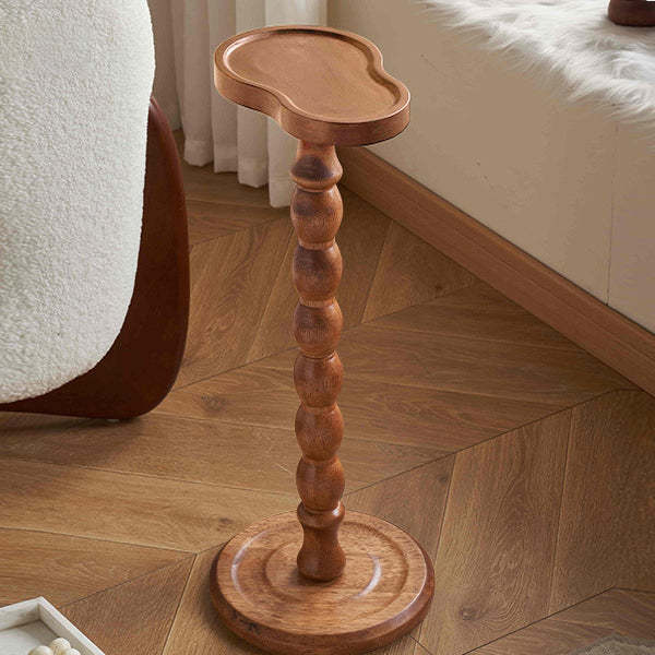 Retro Gourd Spiral Rubber Wood Tray Side Table — Walnut Color
